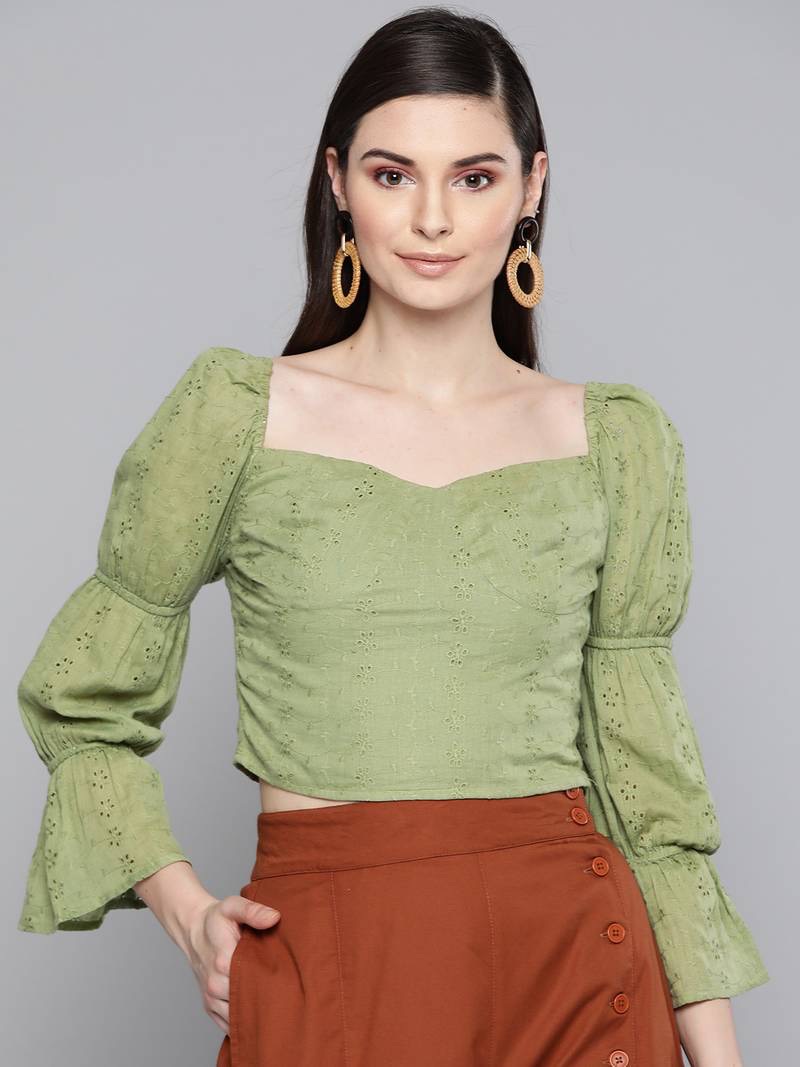 Square Neck Eyelet Crop Top In Sage Green